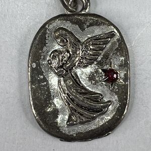 Vintage Silver Filigree Guardian Angel Keychain Religious Spiritual Red Stone 1"